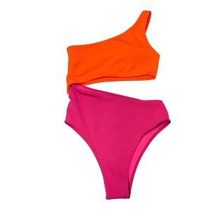 SHEIN Swim Summer Beach Two Tone Rib One Shoulder One Piece Bathing Suit Small